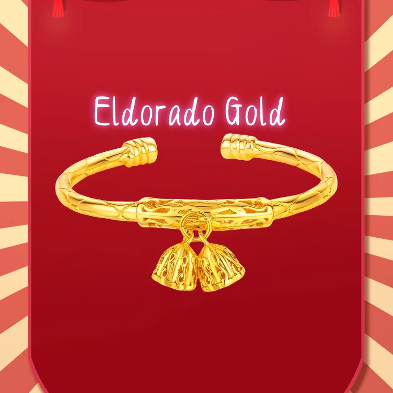 

2025 9999 Real Gold 24K Genuine Two Worlds Lotus Bracelet with Bell Female Gold Young Solid Open Bracelet