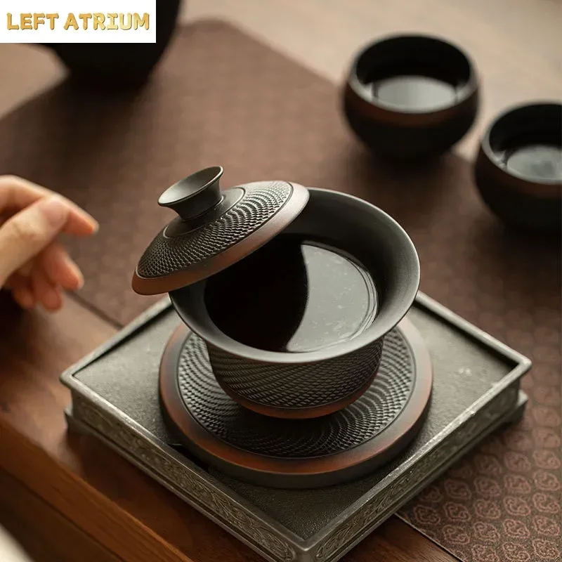 Purple Pottery Handmade Jumping Knife Hover Cover Bowl Kung Fu TeaSet with Bottom Support Ceramic Tea Wash Master Cup Ornaments