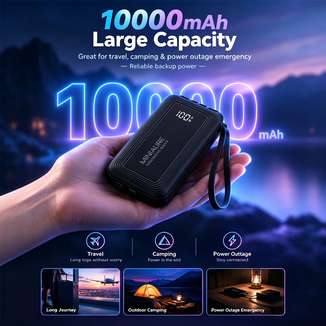 10000mAh Power Bank with Built-in Cables 4-in-1 Portable Charger Digital Display Space-Saving Fast Charging for iPhone 18 Samsung S26 Travel 2026