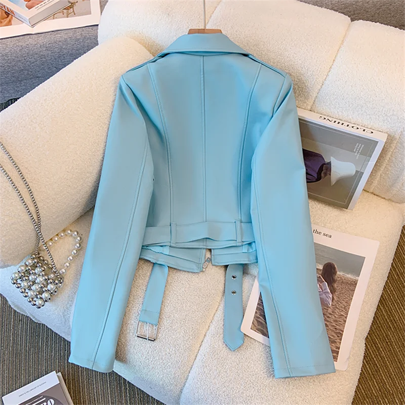 Black White Sky Blue Faux Pu Leather Jacket Women Slim Short Coat With Belt Lapel Long Sleeve Spring Autumn Female Streetwear