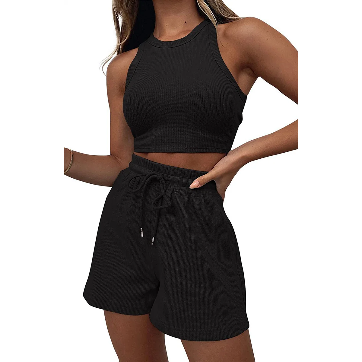 

Women Summer Lounge Sets Casual Waffle Knit Crop Top Shorts Outfits 2 Piece Sets Sleepwear Black L