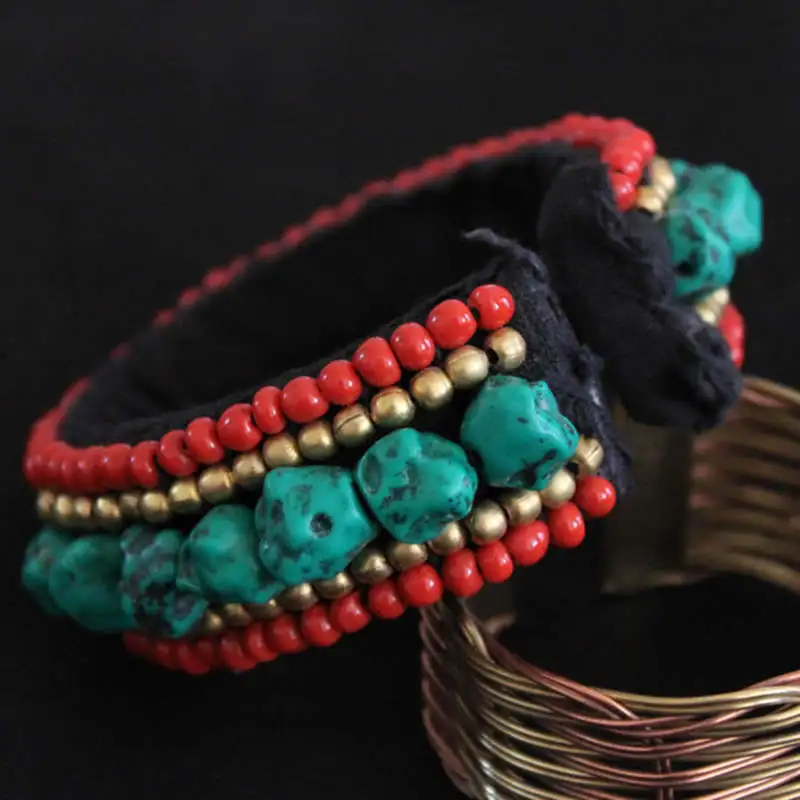 Tibetan Ethnic Handmade Bangles Simulated Turquoise Nugget Beaded Open Cuff BB-101