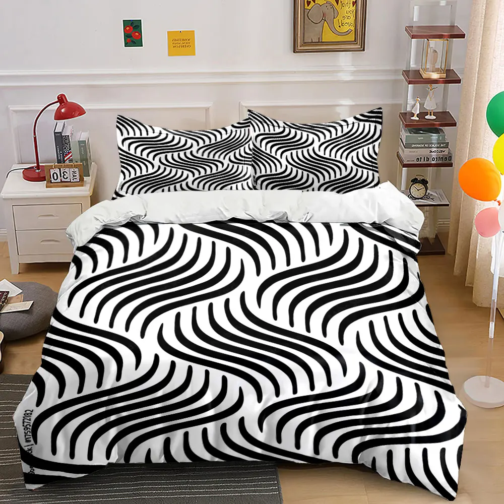 Black wavy line pattern Print Soft Comfortable Duvet Cover Bedding Set Included 1*Duvet Cover 2*Pillowcases Luxury Gift