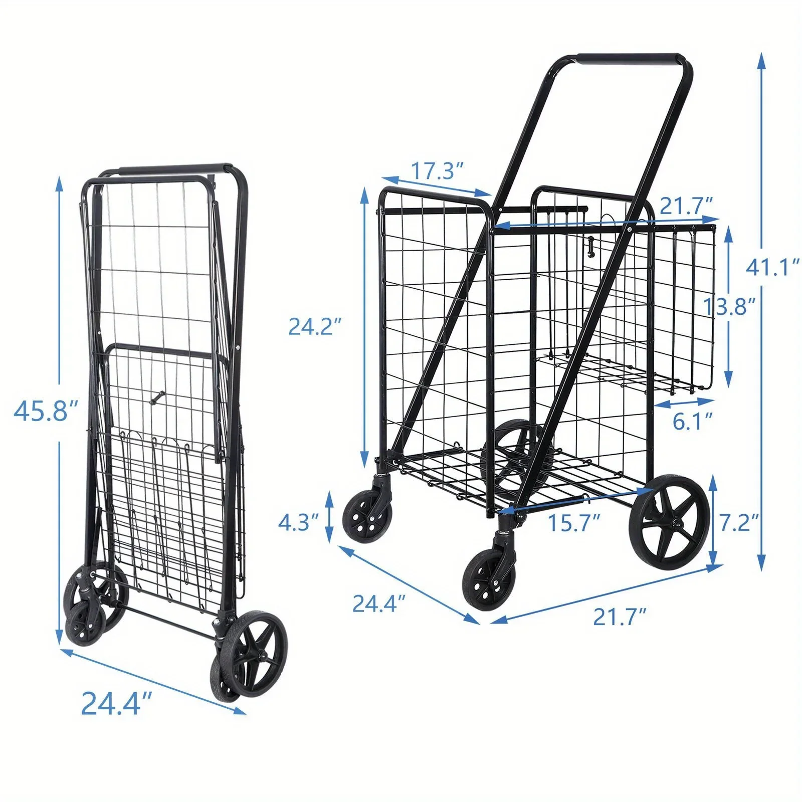 Collapsible shopping cart with wheels Durable basket Practical trolley Market black