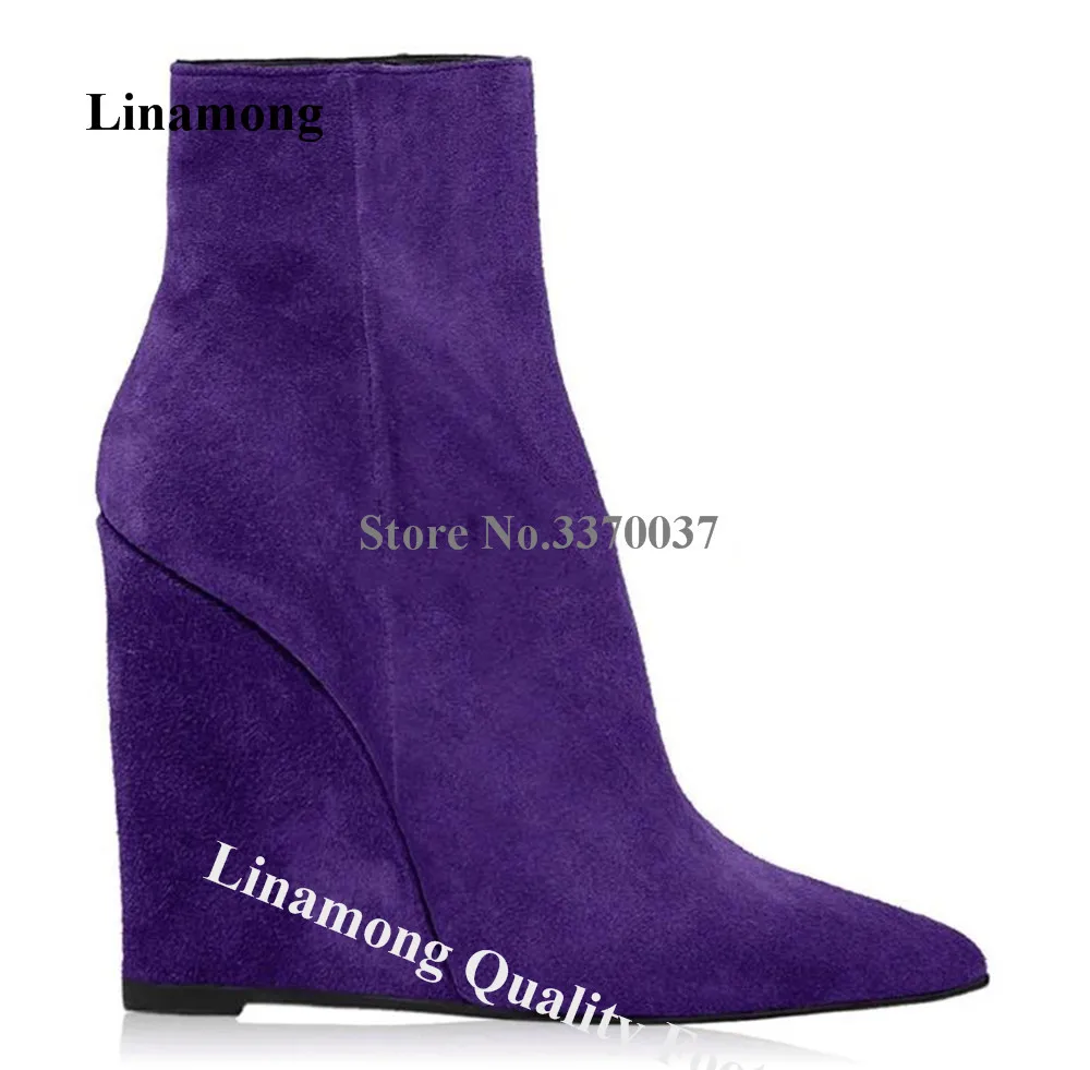 Linamong Elegant Suede Wedge Short Boots Pointed Toe Purple Green Brown Zipper-up Wedge Ankle Booties Big Size Wedges