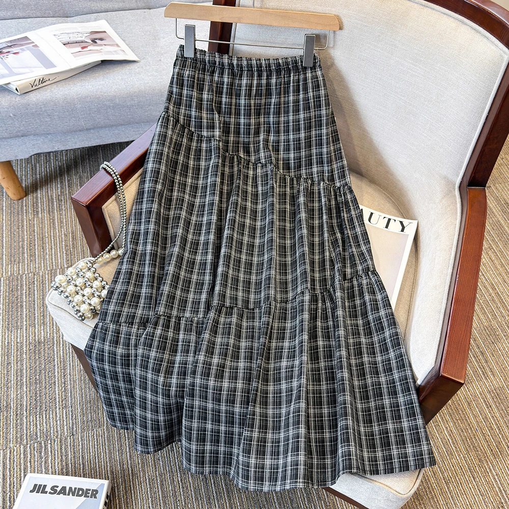 

High Waist A-Line Skirt Women's Summer New Plaid Belted Slimming Elegant Long Skirt Cotton Polyester Straight Body Type