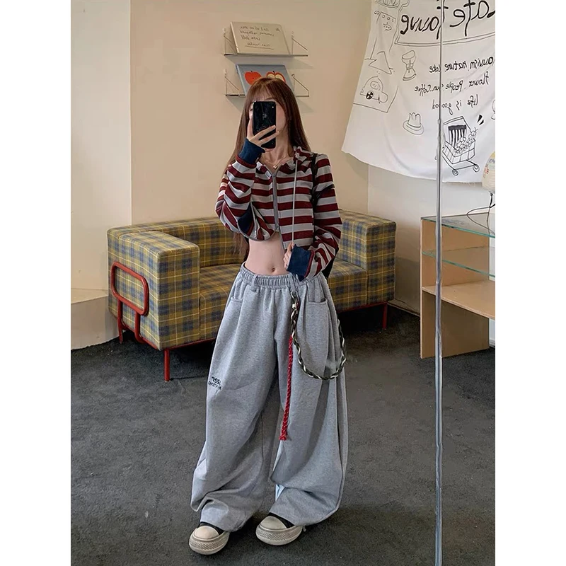 American Retro Gray Sports Pants Women's Autumn Winter High Street Loose Jazz Dance Wide Leg Pants Casual Pants Trend