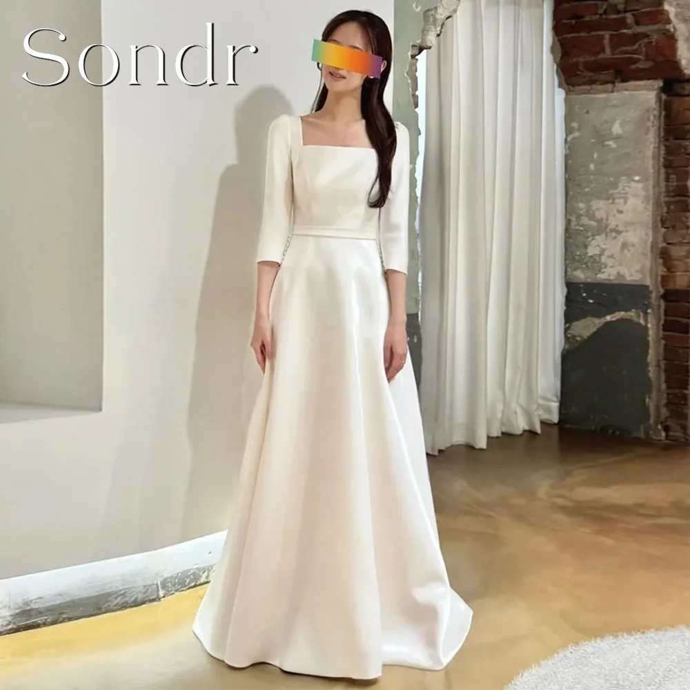 Sondr personnalisé col carré demi manches robes de mariée coréennes une ligne Satin mariée Photo Shoot robe pour auto-mariage 2026