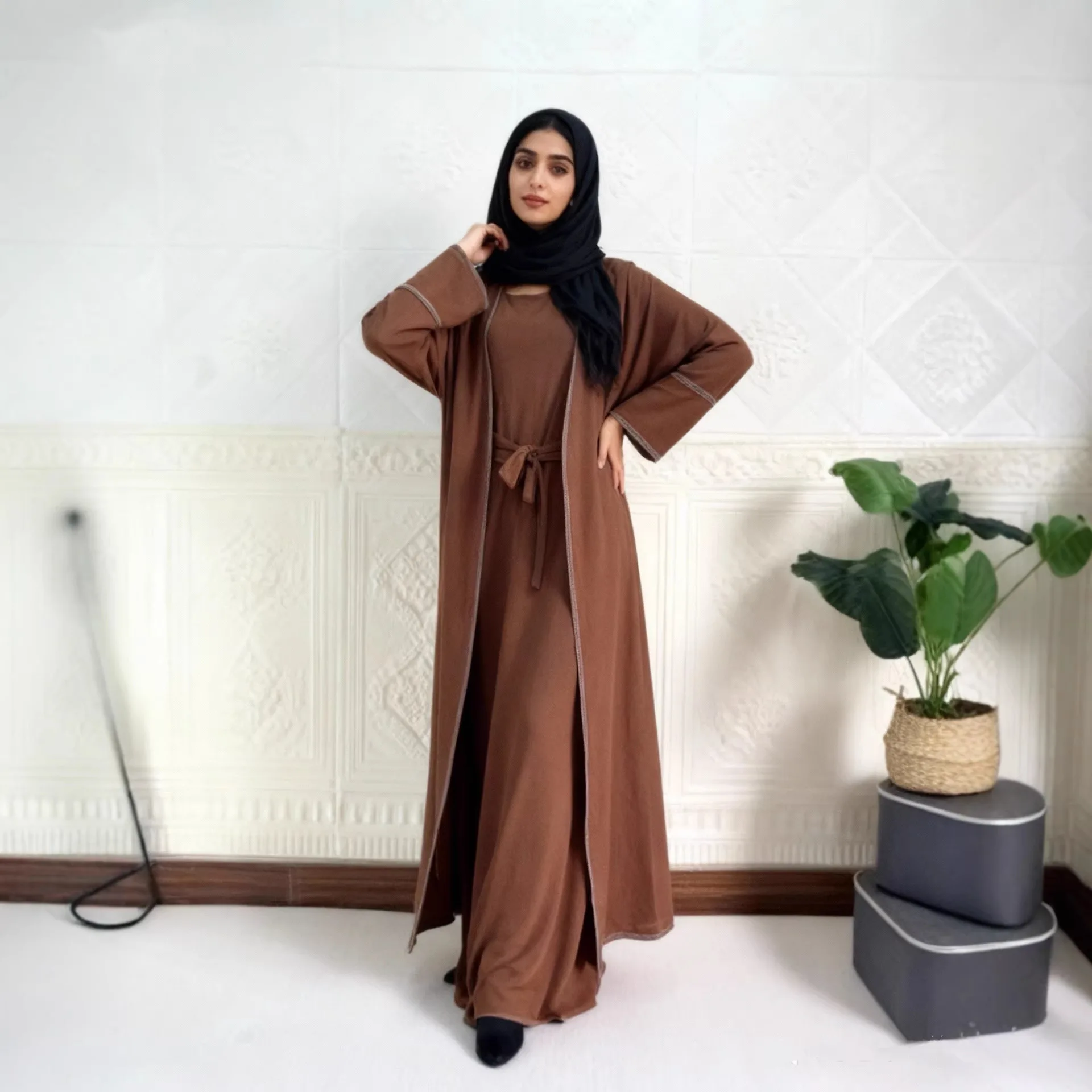 

3PCS Eid Muslim Sets for Women Kimono Cardigan With Inner Dress Hijab Abaya Dubai Kaftan Ramadan Matching Outfits Islam Clothing