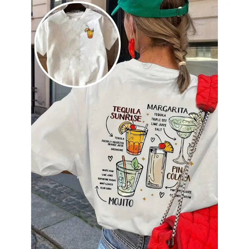 White Cocktail Recipe Print Women's T-shirt Casual Crew Neck Summer Drinks Art Top with Front Back Prints Trendy Summer T-Shirt