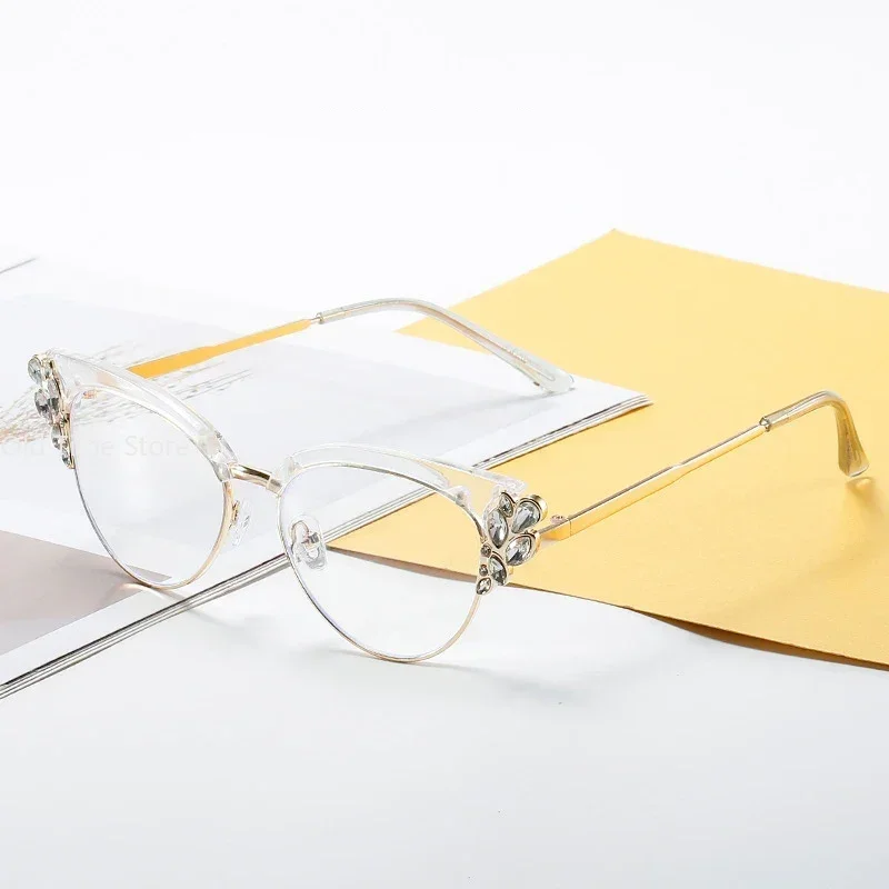 Fashion Luxury Diamond-studded Anti-blue Glasses Women Vintage Cat Eye Eyeglasses Frame Trend Personality Flat Mirror Eyewear