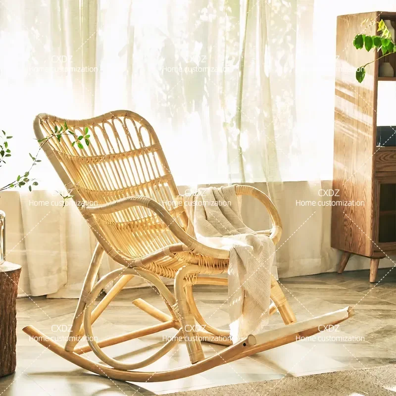 New Chinese Style Leisure Chair Cane Recliner Hand Woven Rattan Rocking Chair for Balcony Home Elderly Comfortable Lounge