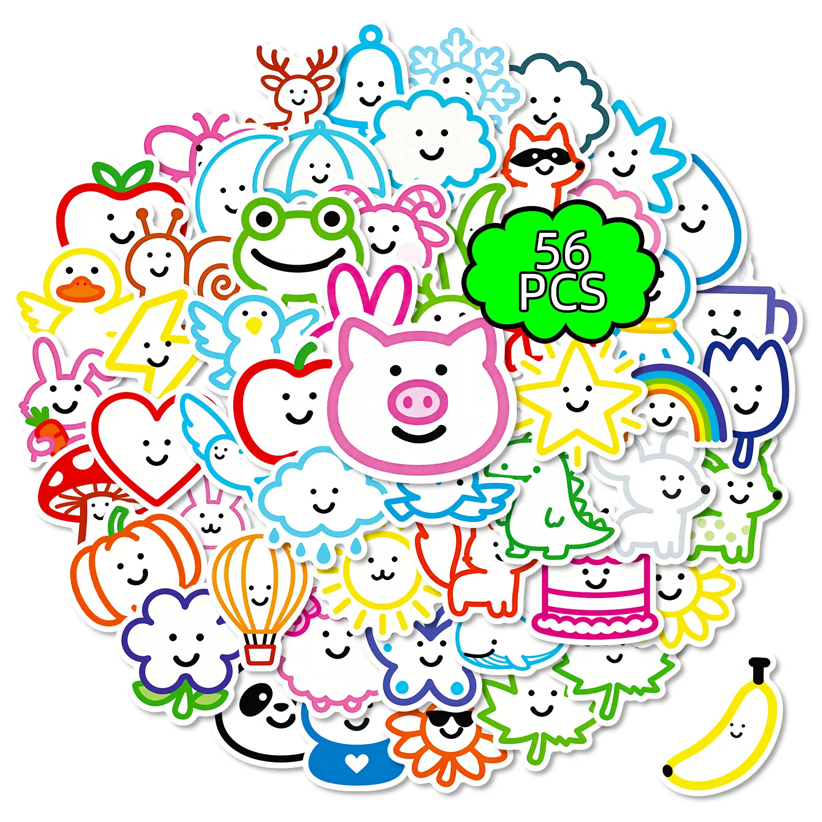 56/112PCS Cute Animal & Fruit Smiley Stickers, Playful Decals for Office School Supplies Phone Guitar Suitcase