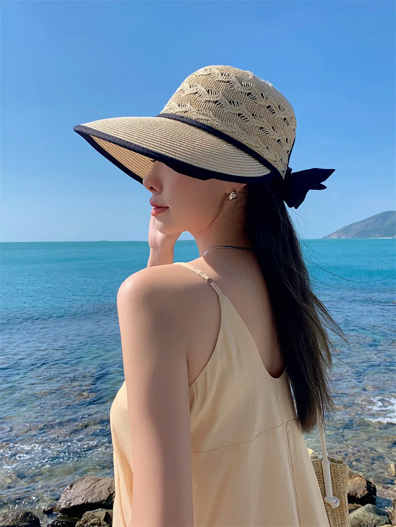 Women Ponytail Straw Sun Hat Wide Brim Visor Summer Adjustable Cap Sun Beach Foldable Hats