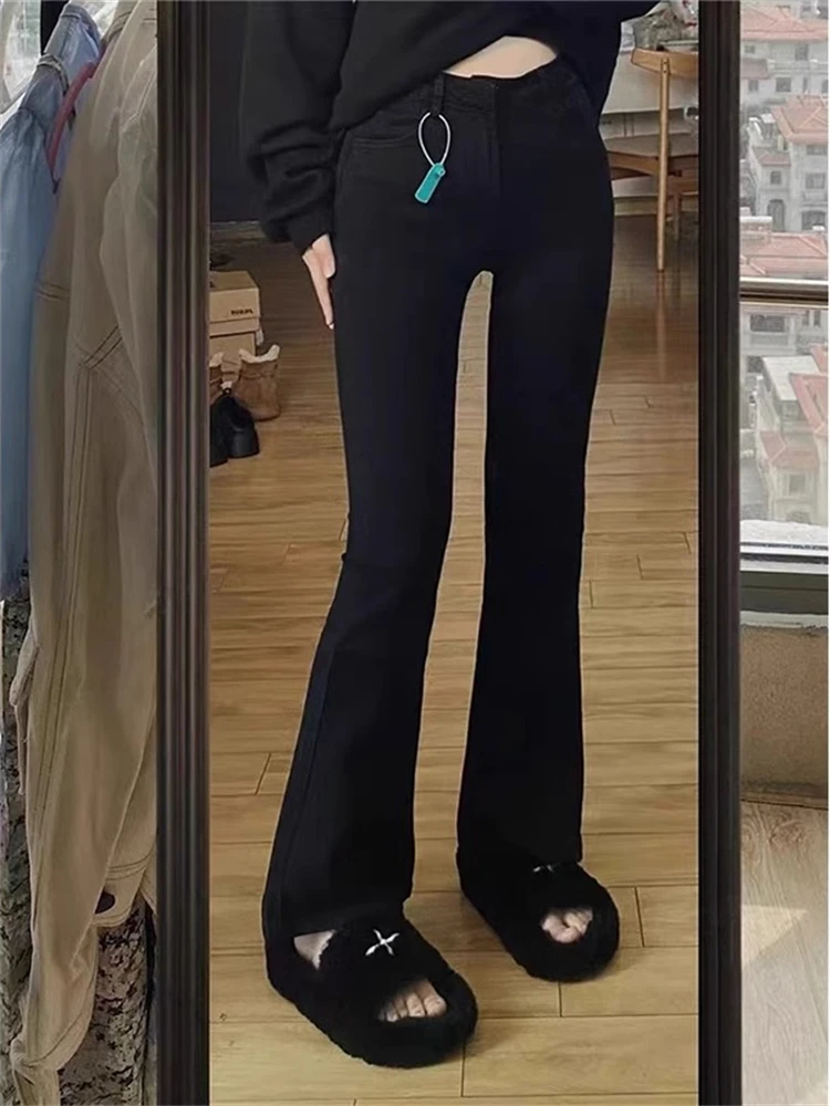 plus Size Fleece Lined Straight Leg Jeans Women's Autumn Winter High Waist Slimming Elastic Micro Flared Pants Casual Style