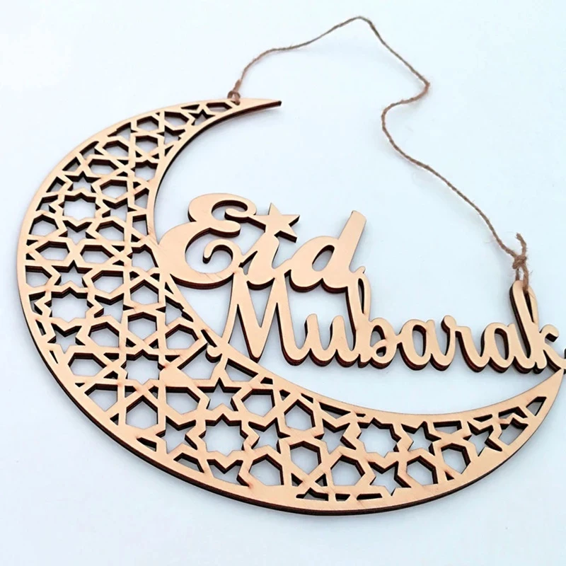 1PCS Ramadan Decoration 2024 Kareem Moon Wooden Hanging Eid Mubarak Muslim Islam Plaque Pendant Mosque Party Festival Supplies