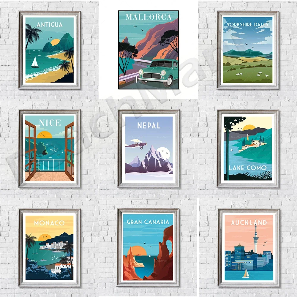 Vintage travel poster, Bournemouth, New Zealand, Antigua, Corsica, Lake Como, Italy, Bournemouth travel landscape poster printin