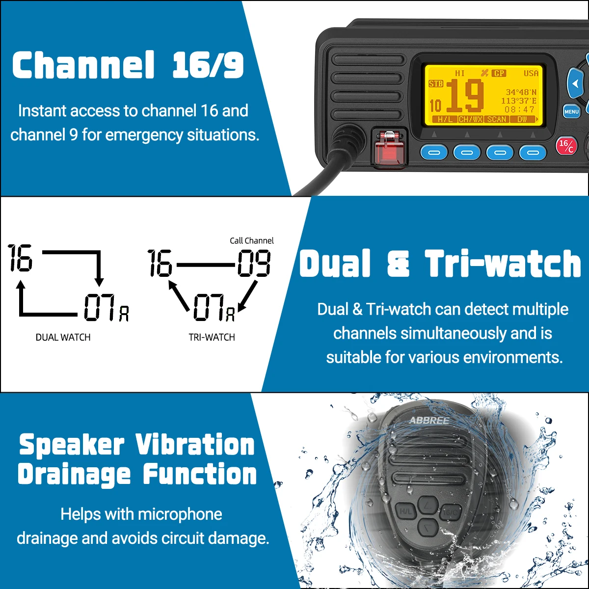 ABBREE AR-509MG راديو بحري VHF 25 وات مع نظام تحديد المواقع مقاوم للماء IP67 DCS اتصل بالولايات المتحدة الأمريكية/INT/CAN قنوات الراديو البحرية جبل ثابت للقوارب #5