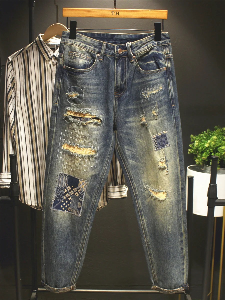 Jean rétro américain Patchwork pour hommes, ample, jambe droite, pantalon de mendiant Harlan, automne hiver, tendance, Denim