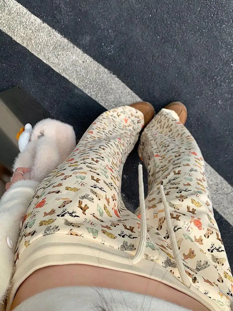 Trouser Pants Puppy Print Casual Sweat Y2k Female Autumn Winter Plus Fleece High Waisted Slim Rope Flared Straight Leg Pants