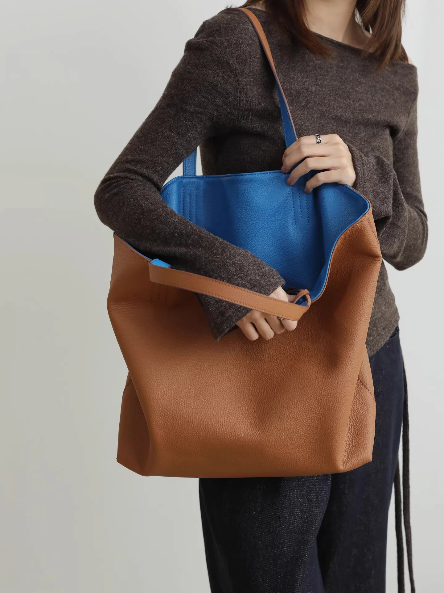 Genuine Top Grain Leather Tote Bag for Women, Contrast Color Soft Top Grain Large Shoulder Bag with Mini Pouch