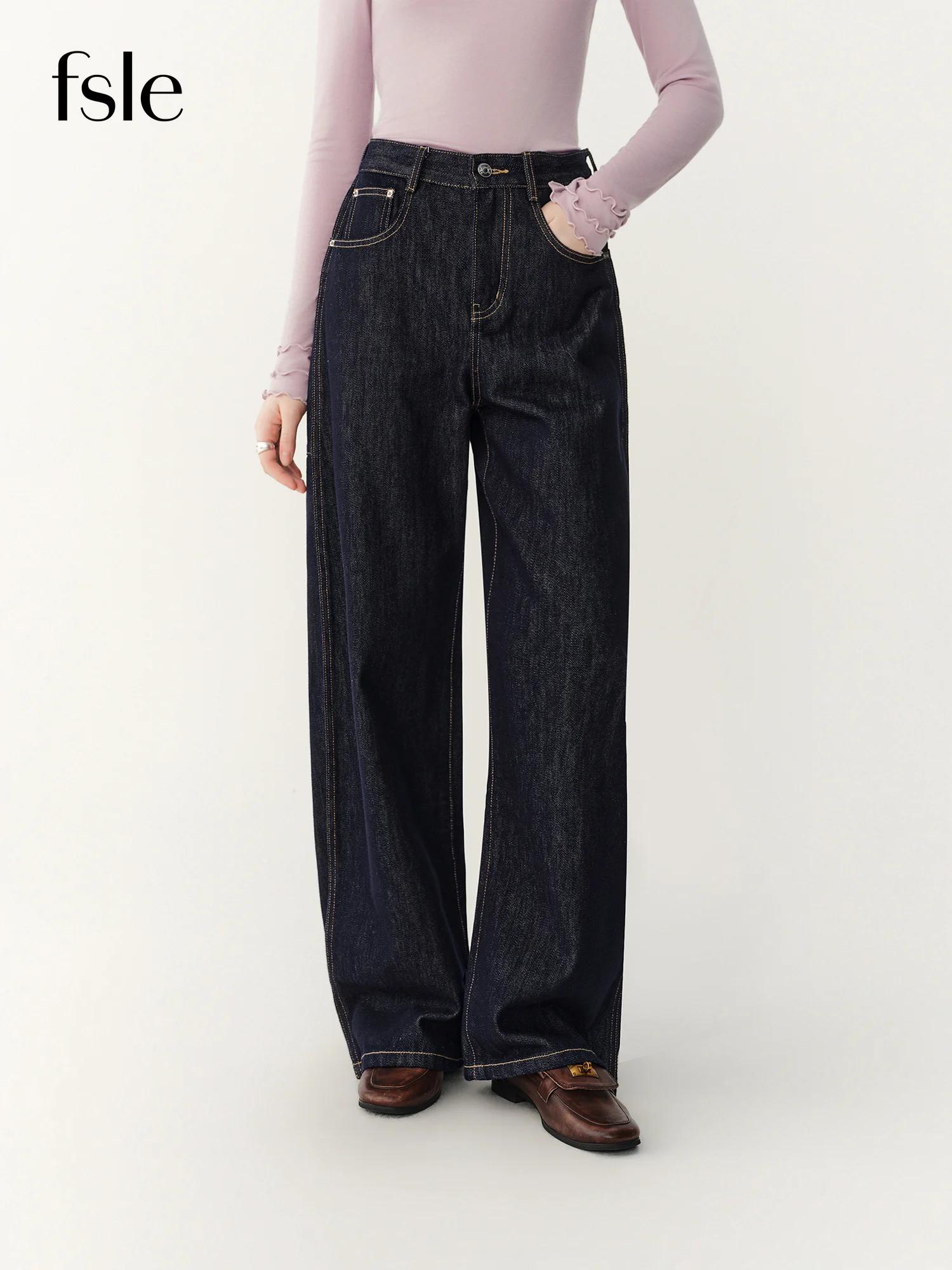 FSLE 2026 Winter Women's Raw Indigo Relaxed Fit Barrel Leg Jeans - Soft Cotton High Waist Casual Pants for Everyday Wear