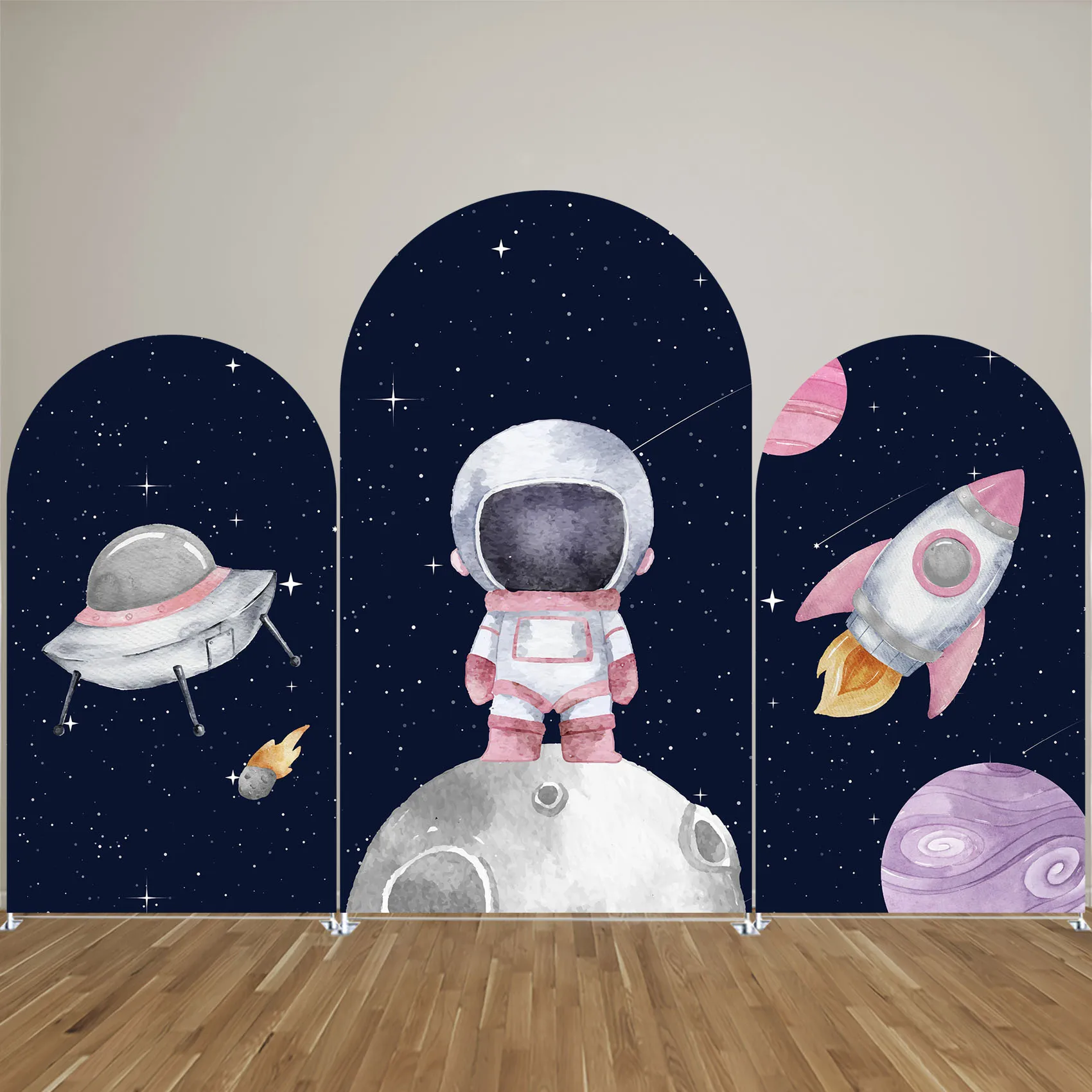 Outer Space Arched Backdrop Covers Astronaut Rocket Arch Stand Fabric Cover for Girl Birthday Party Decoration Props