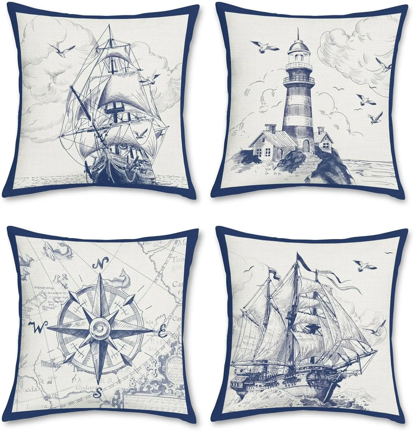 Double Sided Nautical Sailing Pillow Covers Set Of 4, Sailboat Compass Lighthouse Cushion Cases For Couch Sofa Bed Home Decor