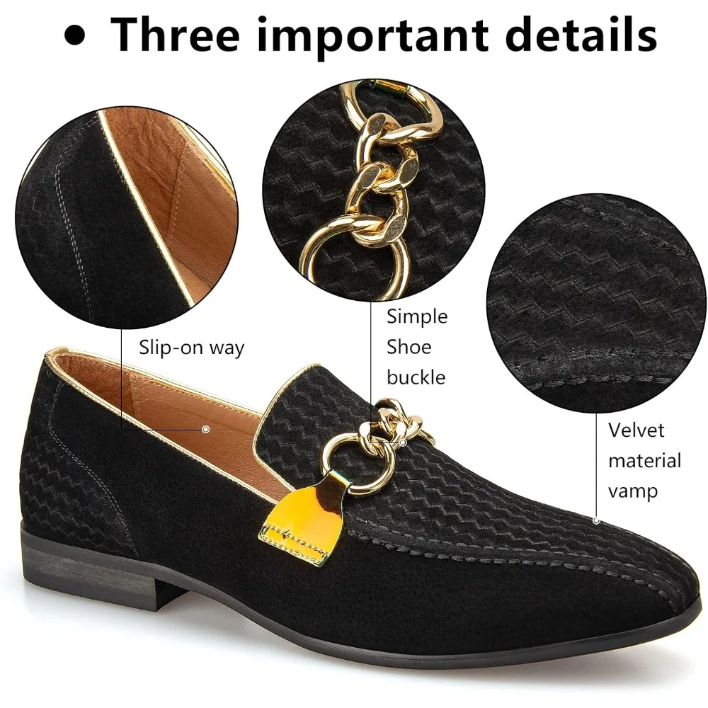 

Fashion New Men's Velvet Metal Chain Casual Shoes Luxury Designer Male Formal Wedding Dress Slip on Loafers Homecoming Footwear
