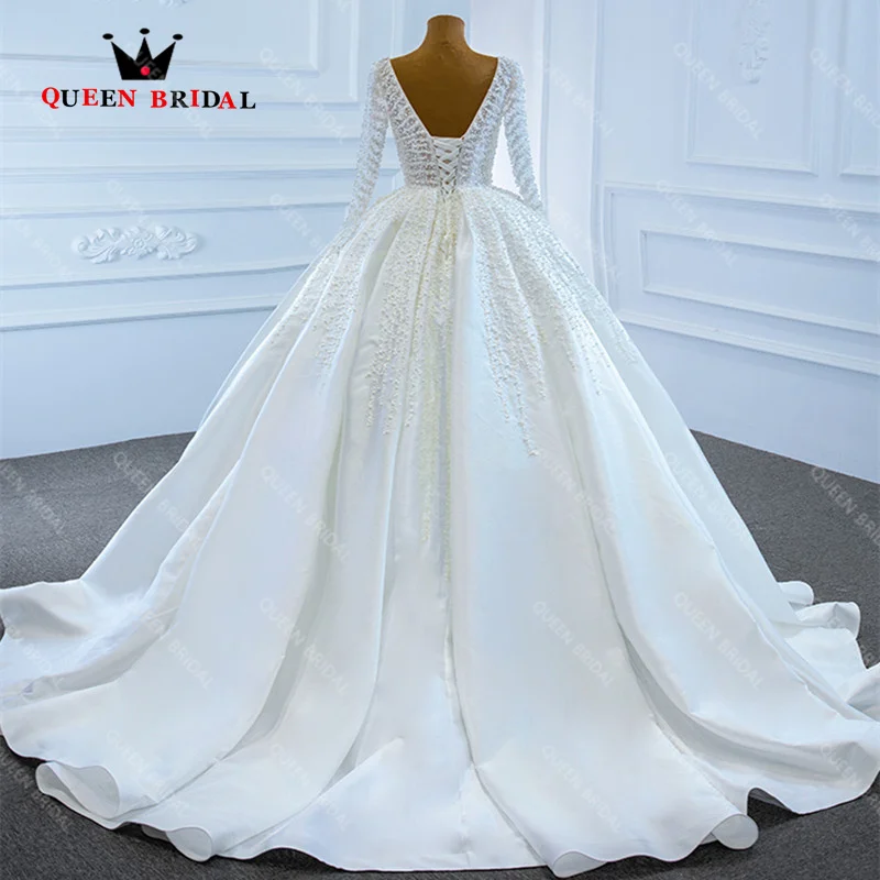 Satin Elegant Long Sleeve Pearls Weddding Dress Exquisite Deep V 2023 New Formal Bridal Ball Gowns Robe De Mariée Custom SF05M