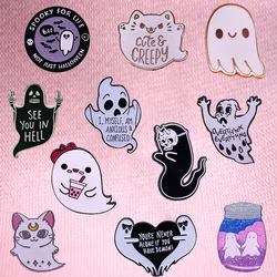 Cute Black White Ghost Enamel Pin Collection Halloween Creepy Scary Spooky Boba Cat Ghosts BOO Brooch Horror Gothic Badge