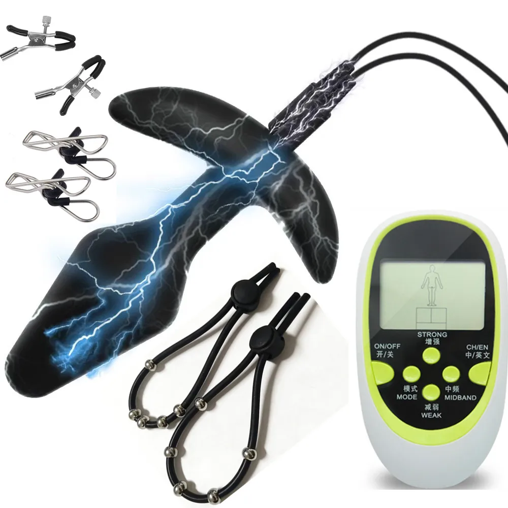 Silicone Anal Butt Plug Metal Nipples Clips Labium Clips Electric Shock Penis Cock Rings Prostate Massage Sex Toys for Men Women