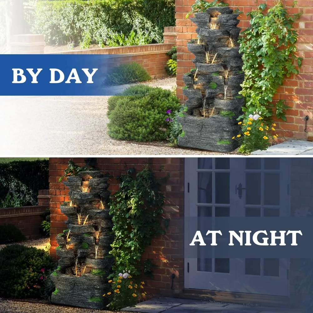 نافورة مياه صخرية متتالية من 10 طبقات شلال حديقة خارجي مع أضواء، نافورة ديكور داخلي للحديقة #6