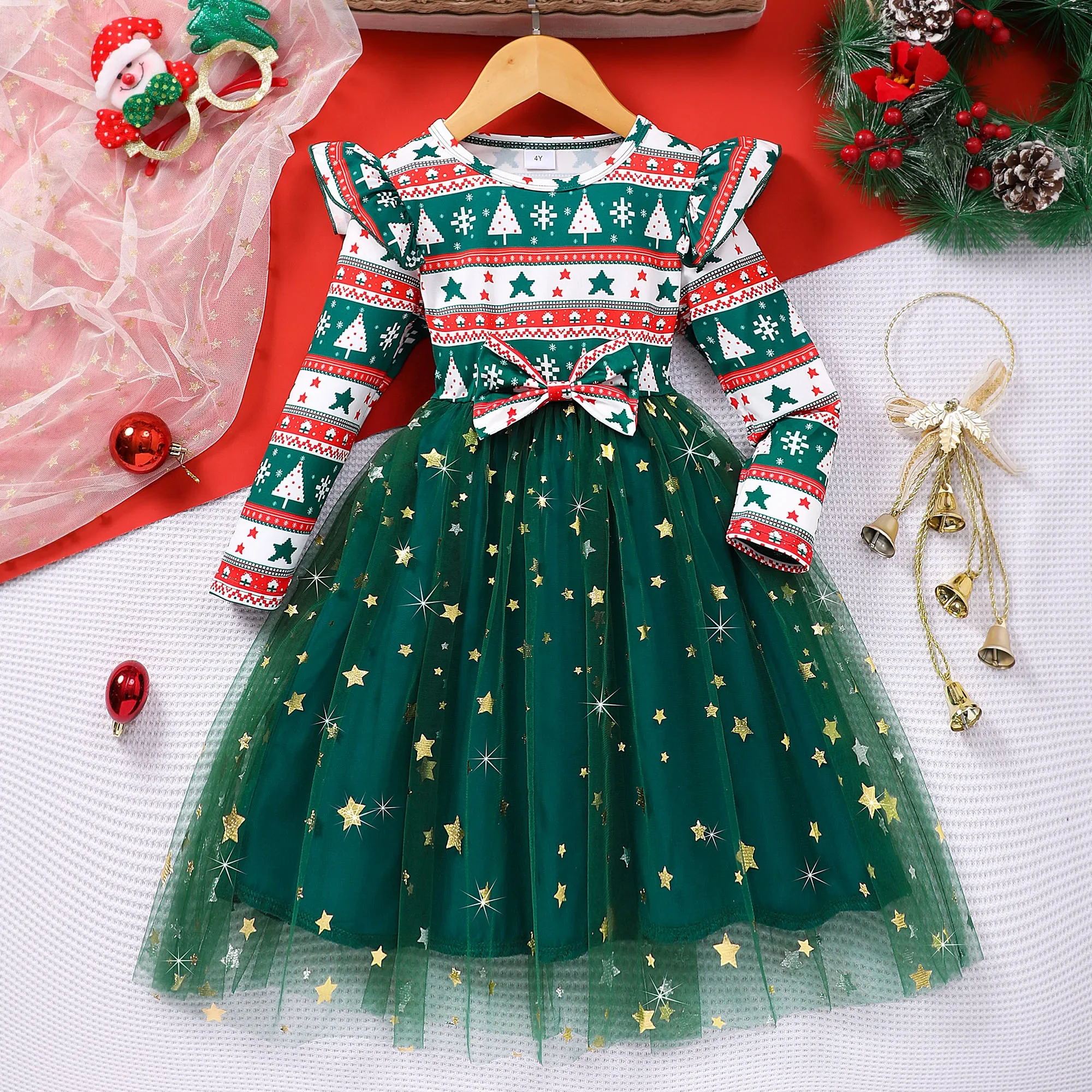 Christmas Kids Girls Dress Spring Autumn Long Sleeve Bow Christmas Style Holiday Gifts Children Dress Casual Soft Girls Clothing