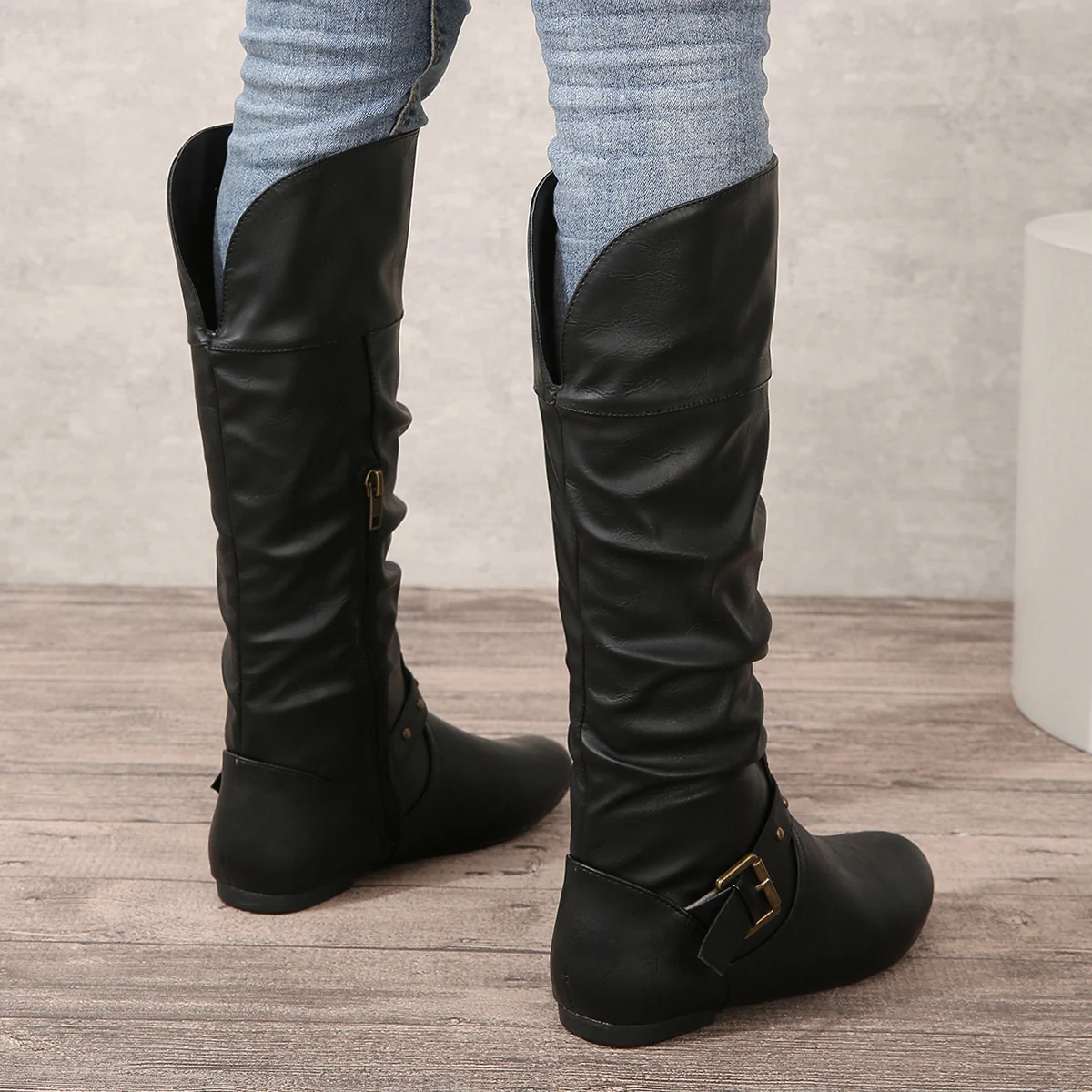 Vintage Female Knight Leather Boots European American Western Cowboy Style with Autumn Winter Cuff Belt Buckles Round Toe view 2