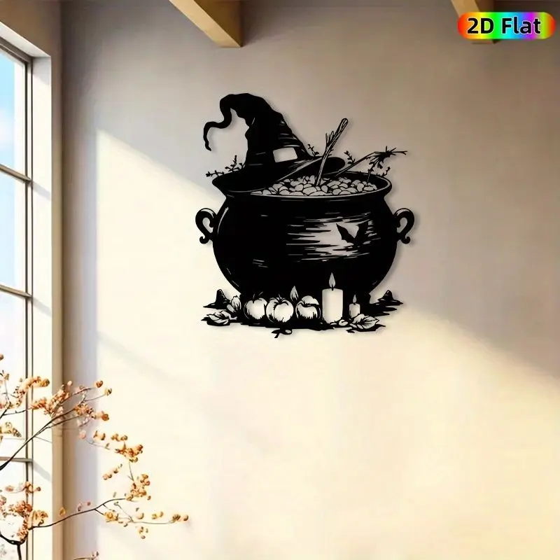 CIFBUY Witch Cauldron Iron Wall Decor, Hollow Metal Halloween Theme Wall Art Ornament for Home Party Decoration