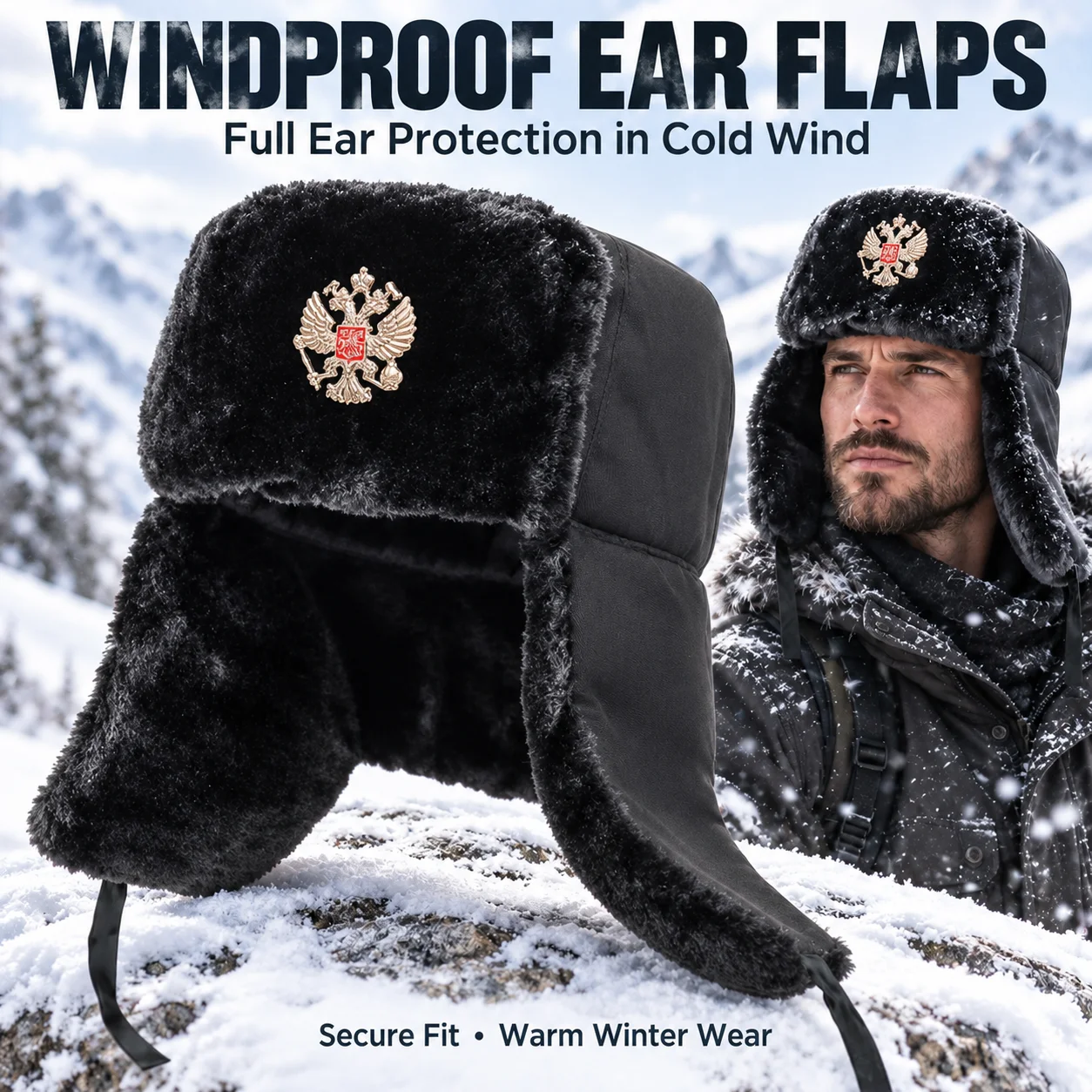 1PC Russian Ushanka Hat Winter Warm Faux Fur Trapper Hat Soviet Style Ear Flaps with Optional Badge Outdoor Snow Cap Men Women