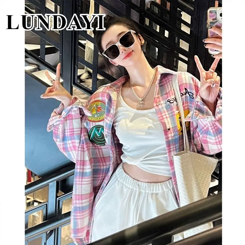 2023 New Arrival Spring Women Loose Fit Turn-down Collar Long Sleeve Blouse Casual Patchwork Plaid Single Breasted Shirts D294