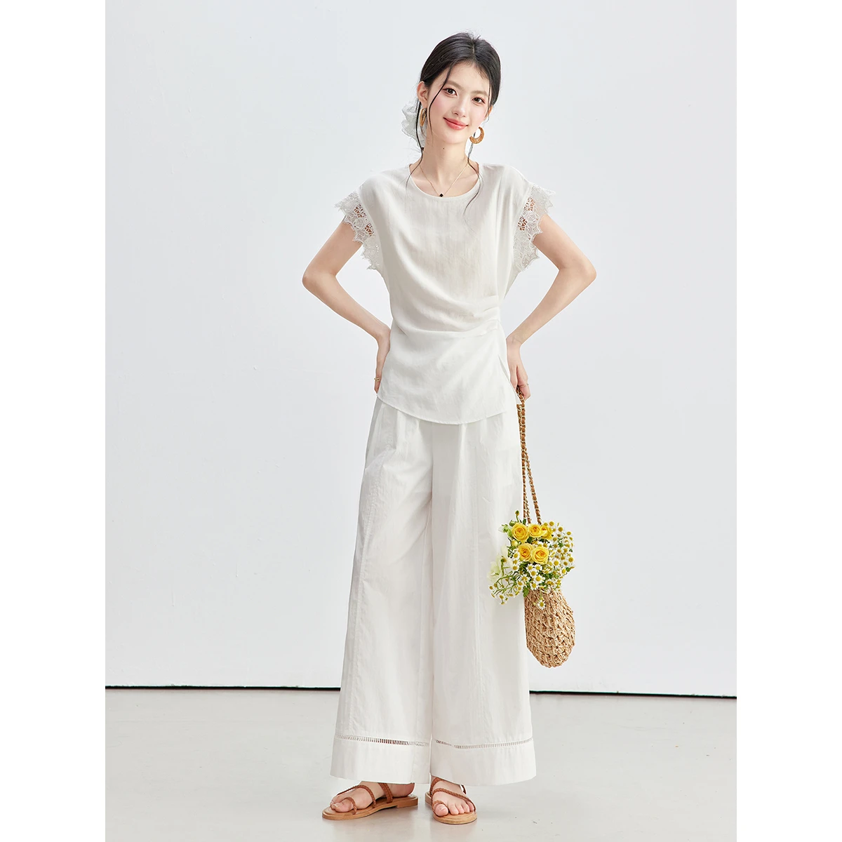 VIMLY Women's White Two-piece Set Summer 2026 New Elegant Lace Short Sleeve T-shirt Wide-leg Baggy Pants Matching Outfit 31208