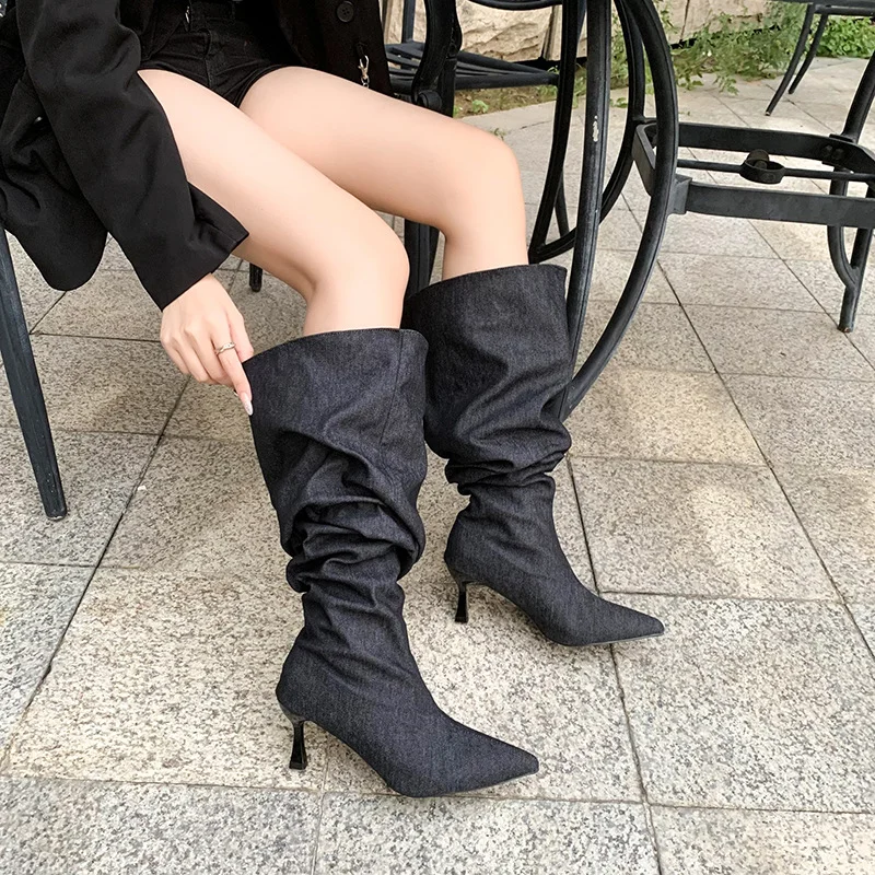 2024 Autumn and Winter New Wide Girth Women\'s Boots High Heel Barrel Pointed Thin Heel Over the Knee Long Women Show Thin Shoes