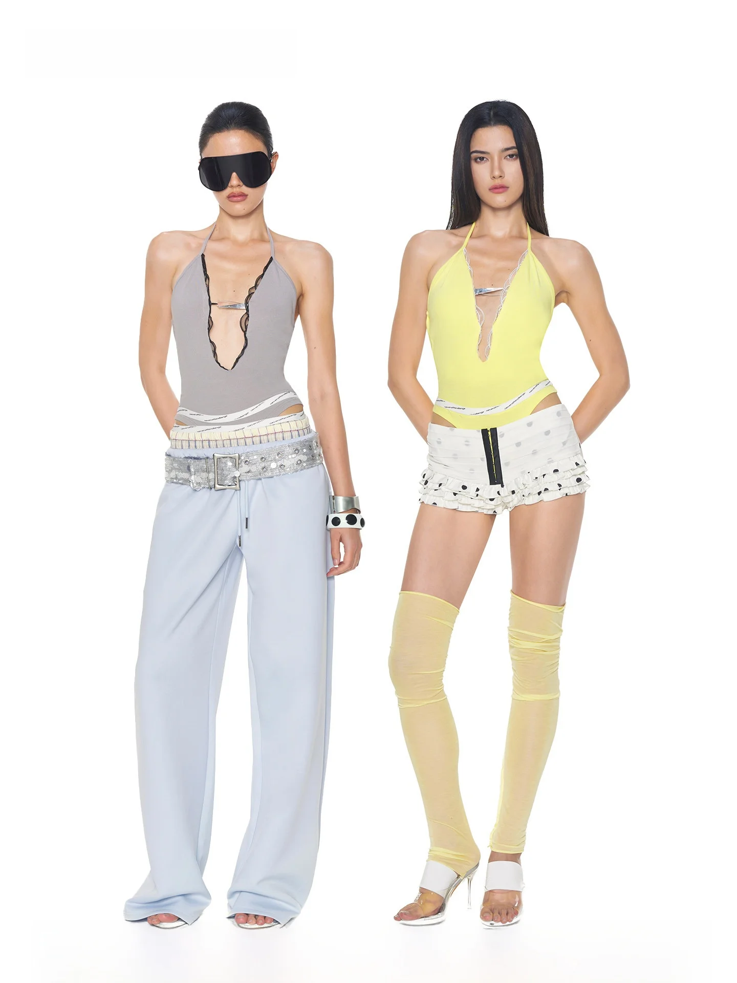 Nola Deep V Cut out Backless  Bandeau Strap Metal Buckle Lace Insert Ruffle Hemline High Waist Short Sleeve Swimsuit