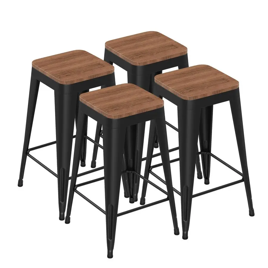 

Set of 4 White Metal Bar Stools Industrial Modern Bar Chairs with Wood Top for Kitchen Island Counter Height Cafe Resturant Sto