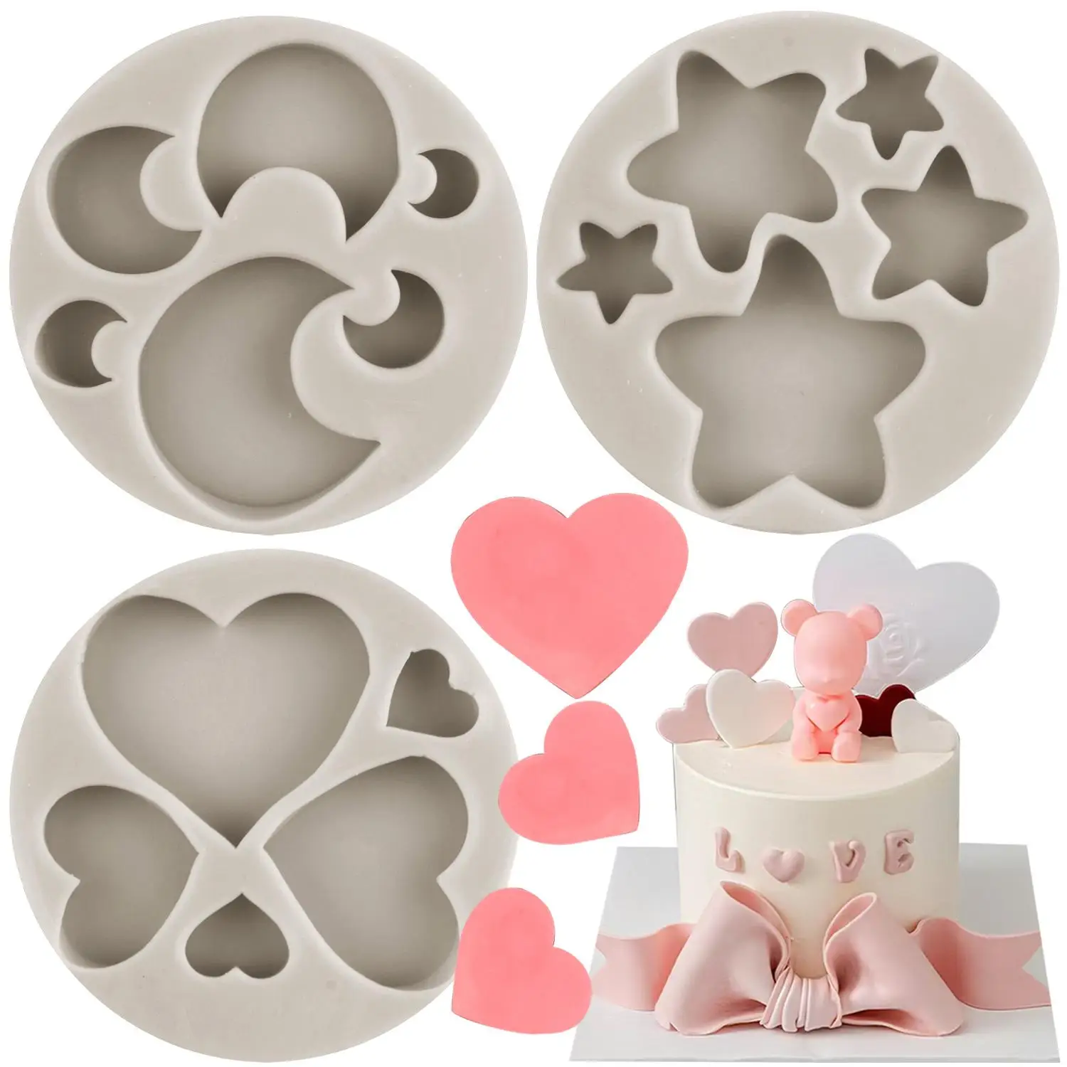 Moon Star Heart Fondant Silicone Molds DIY Cake Decorating Tools Cupcake Topper Chocolate Candy Gum Paste Polymer Clay Mould