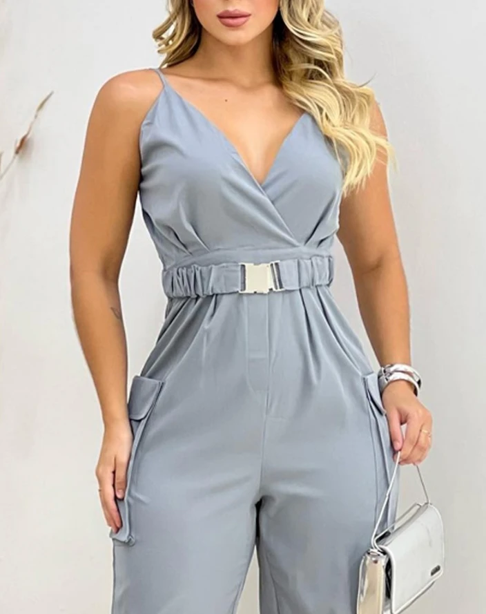 Jumpsuit for Women 2024 Spring Summer Casual Style Pocket Design Cuffed Spaghetti Strap Jumpsuit Streetwear Overall Clothing