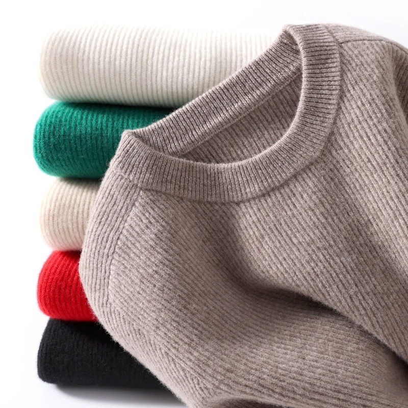 Autumn and winter 100% pure sweater ladies new round neck solid color vertical long sleeve fashion classic knitted pullover