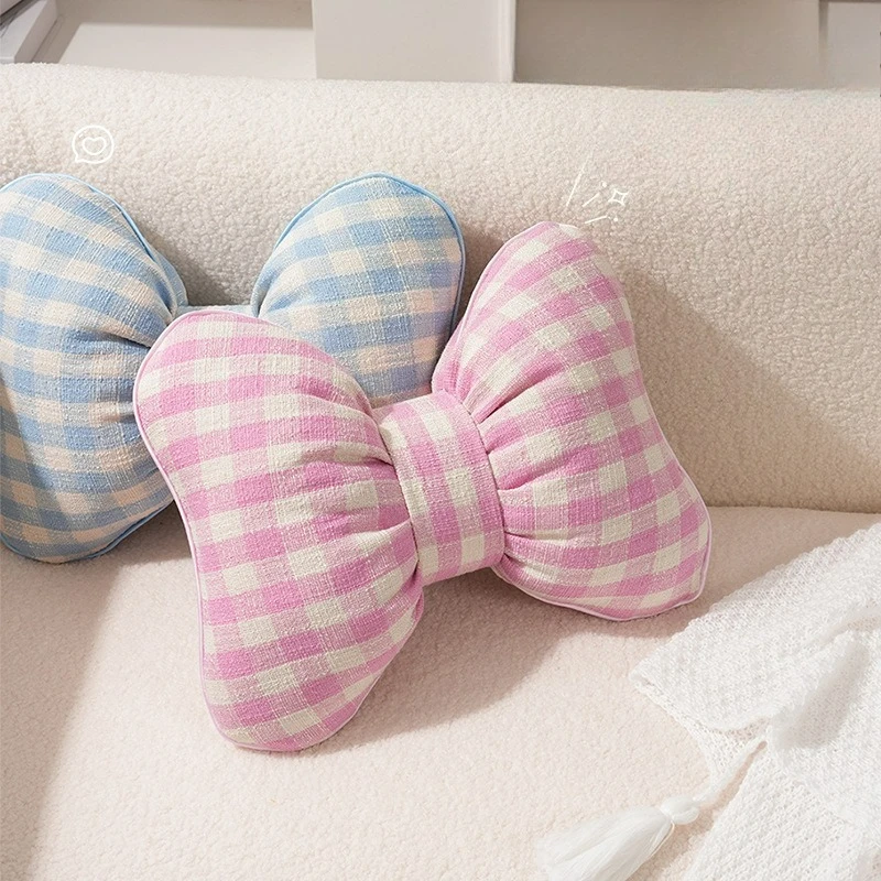 Cute Bowknot Pillow Bedroom Decor Throw Pillow Home Decor Waist-Support Creative Plaid Bow Decorative