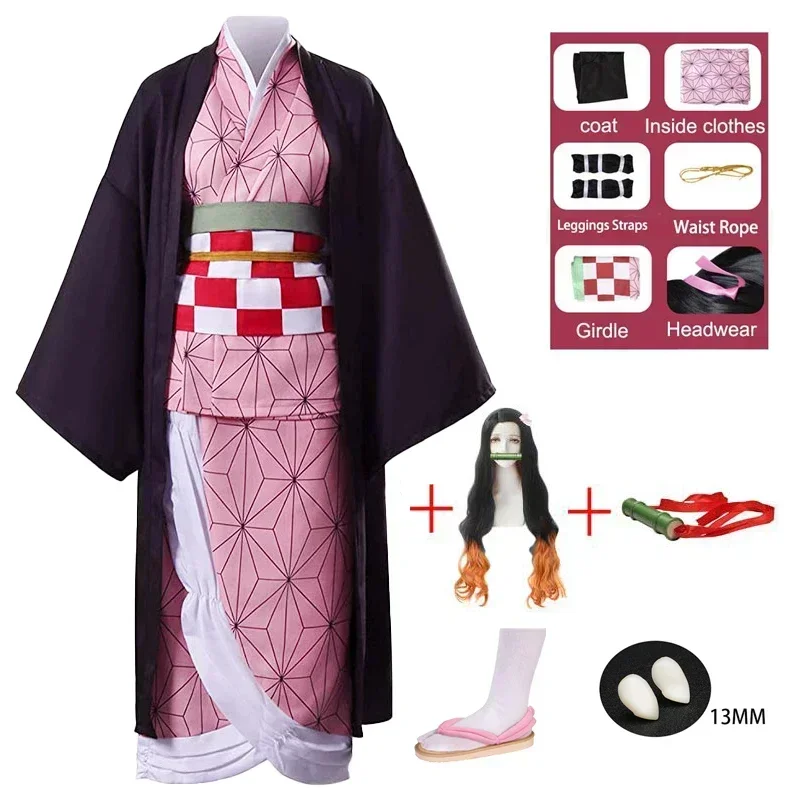 Anime Demon Moordenaar Kamado Nezuko Cosplay Kostuum Uniform Kleding Kimono Pruik Tand Schoenen Voor Halloween Carnavalsfeest Volwassen Kinderen