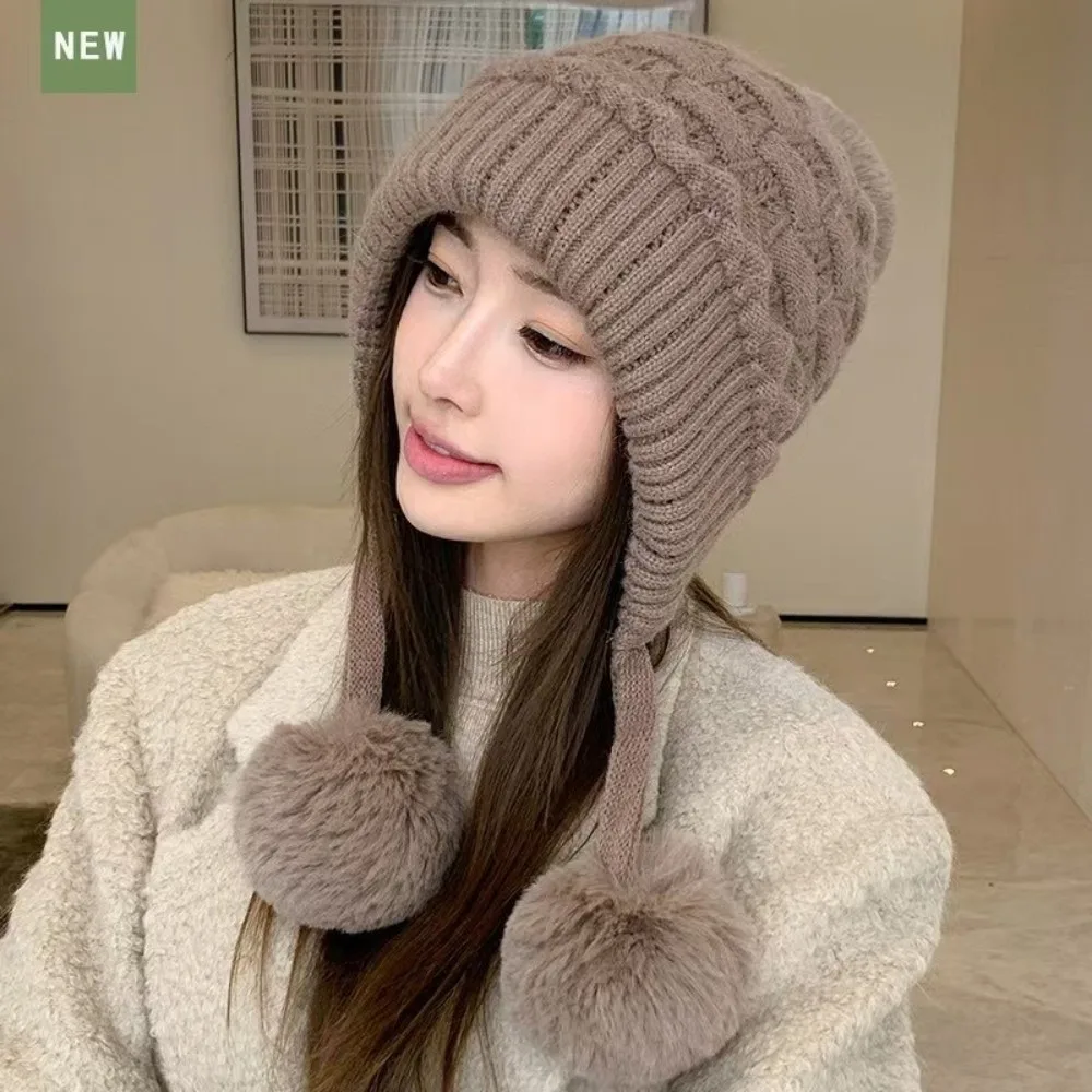 

New Warm Knitted Hat Fur Balls Windproof Pullover Cap Pompom Coldproof Beanie Hat Autumn and Winter