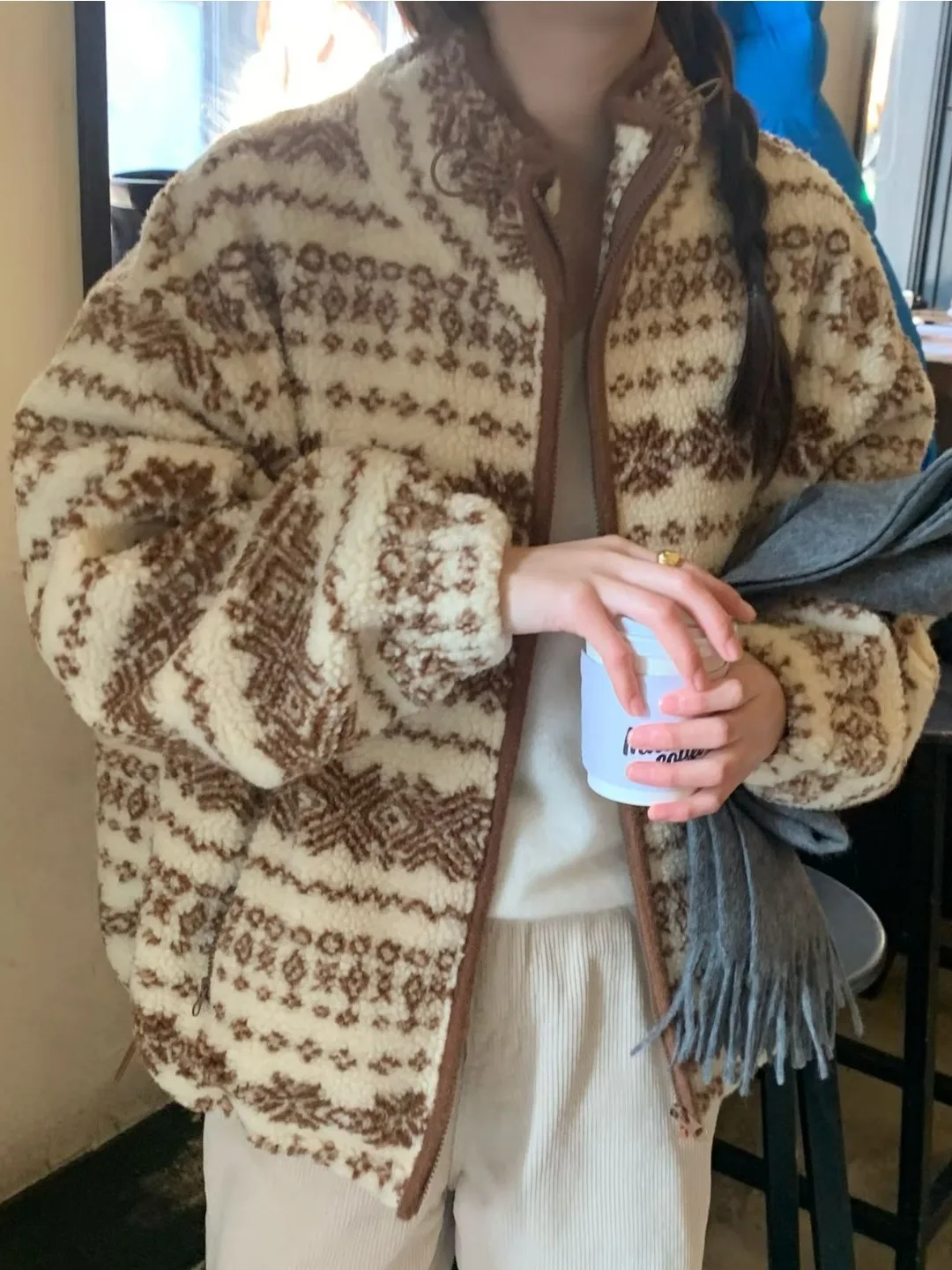 

Ladies' Warm Oversized Lamb Fur Jaet Korean Sle Winter Coat Zipper Cardigan Top Polyester Fiber Regular Length