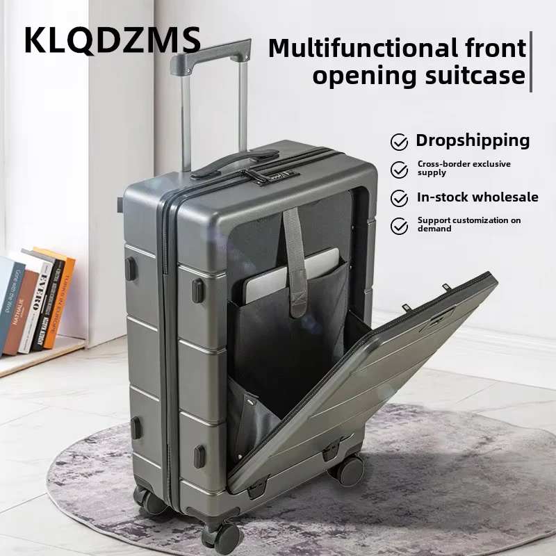 KLQDZMS Laptop Suitcase Front Opening Boarding Case USB Charging Trolley Case 20"24"26 Inch ABS+PC Carry on Travel Luggage